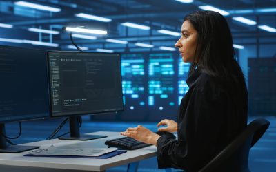 Technician working in high tech server room, analyzing data on multiple monitors, ensuring seamless data flow. Woman examining racks in data center, ensuring system integrity and security