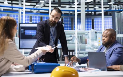 Factory manager giving paperwork files to investors reviewing financial statements before signing deal. Industrial plant management executive offering compliance records to shareholders
