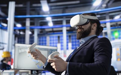 Photovoltaics factory employee using VR equipment to conduct robotic machinery testing. Solar panels plant specialist using virtual reality tech to consult manufacturing parameters, making adjustments